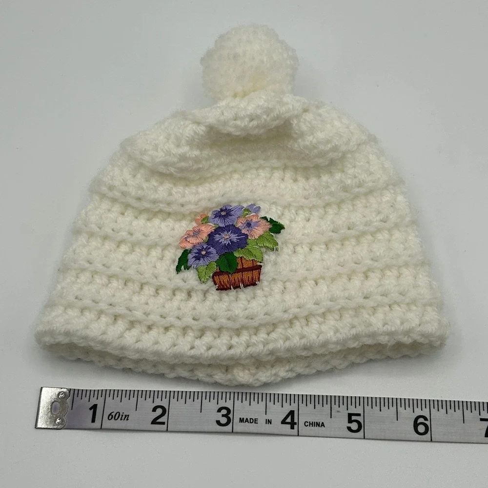 Handmade Ivory Crochet Newborn Baby Girl Winter Beanie Embroidered Flower Basket